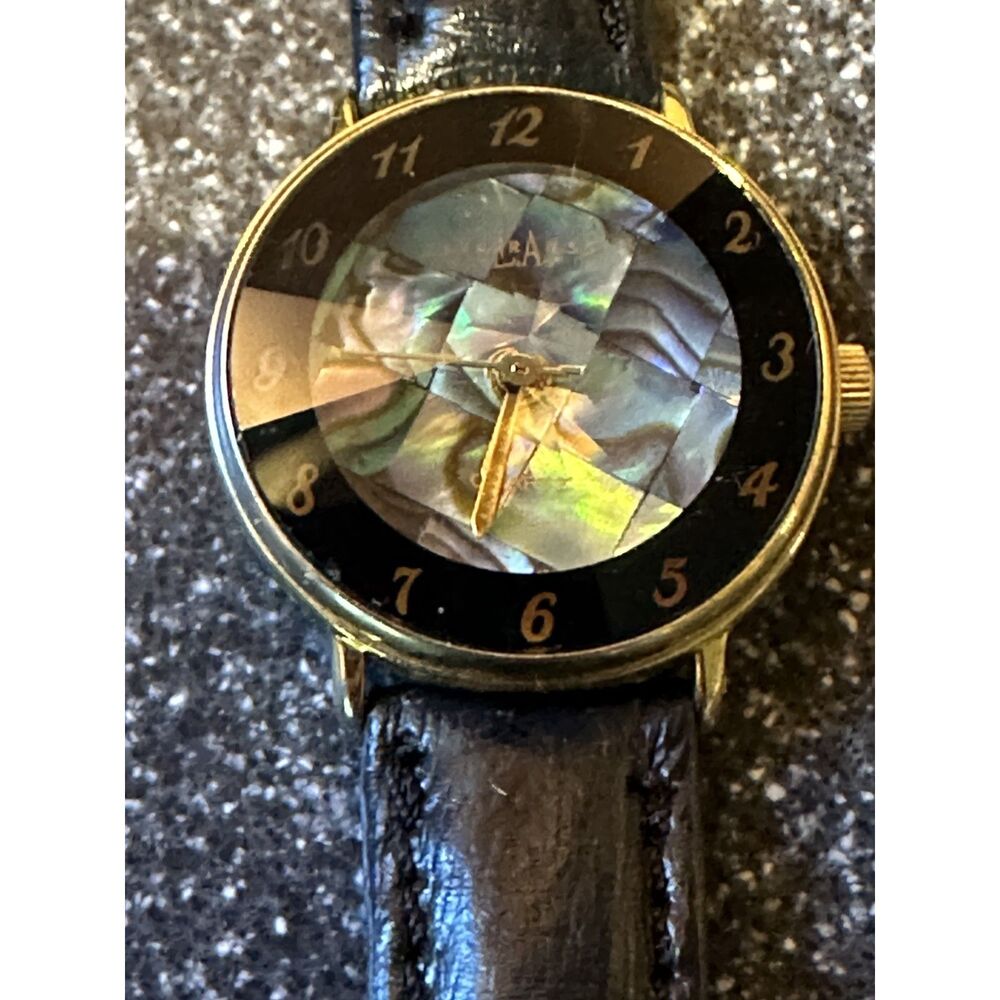 LA Express LAX211 Ladies Watch, Prism Faceted Crystal, Black Leather Band